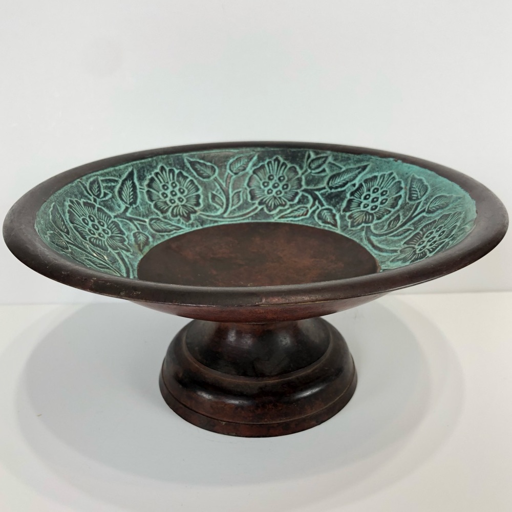 Patina Brass Pedestal Bowl Ornate Etched Floral Decorative Centerpiece Accent